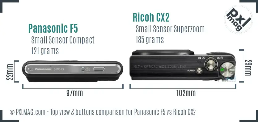 Panasonic F5 vs Ricoh CX2 top view buttons comparison Panasonic F5 vs Ricoh CX2 top view buttons comparison
