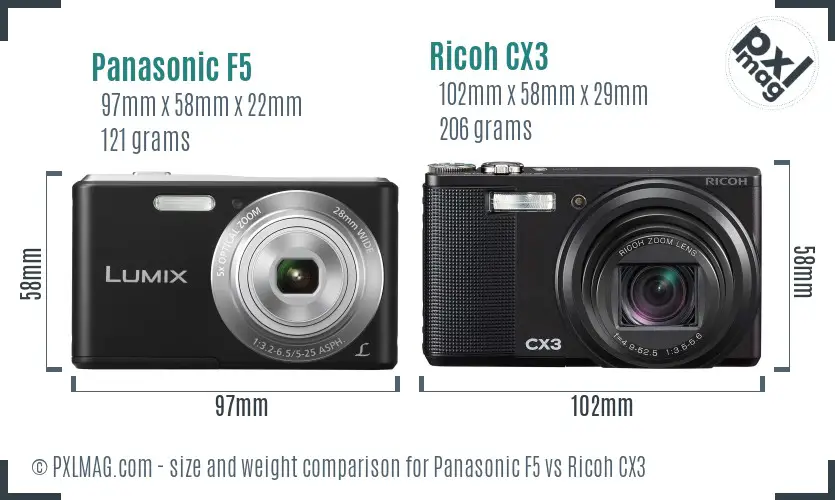 Panasonic F5 vs Ricoh CX3 size comparison Panasonic F5 vs Ricoh CX3 size comparison