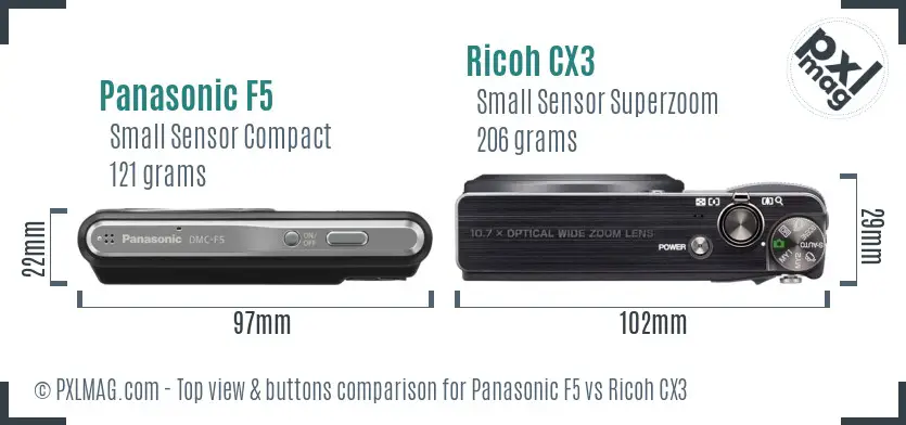 Panasonic F5 vs Ricoh CX3 top view buttons comparison Panasonic F5 vs Ricoh CX3 top view buttons comparison