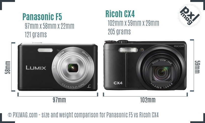 Panasonic F5 vs Ricoh CX4 size comparison