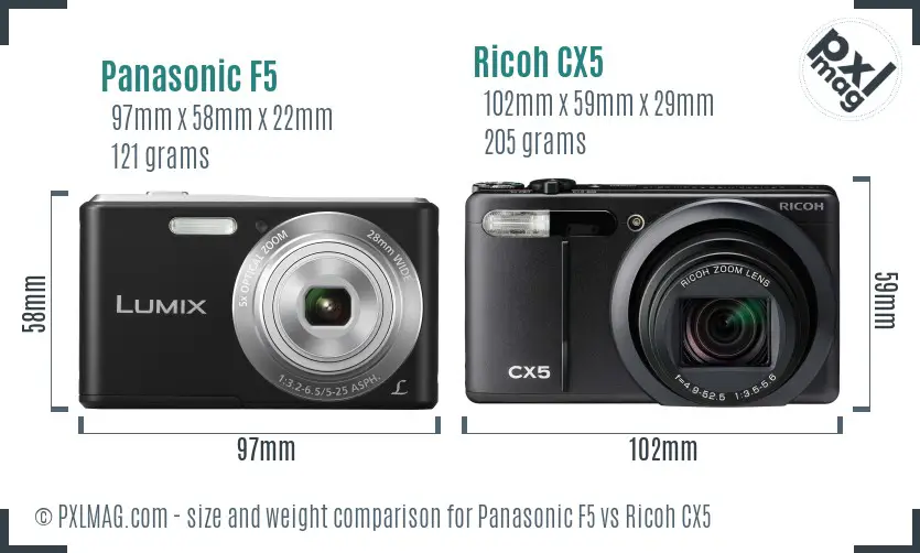 Panasonic F5 vs Ricoh CX5 size comparison Panasonic F5 vs Ricoh CX5 size comparison