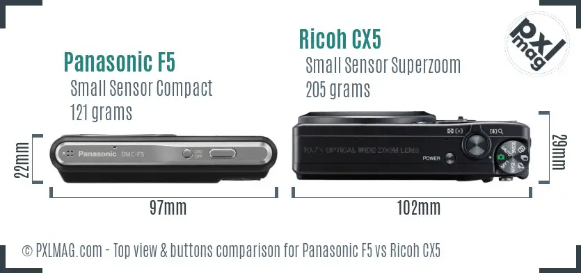 Panasonic F5 vs Ricoh CX5 top view buttons comparison Panasonic F5 vs Ricoh CX5 top view buttons comparison