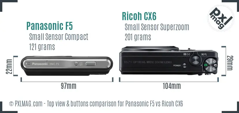 Panasonic F5 vs Ricoh CX6 top view buttons comparison