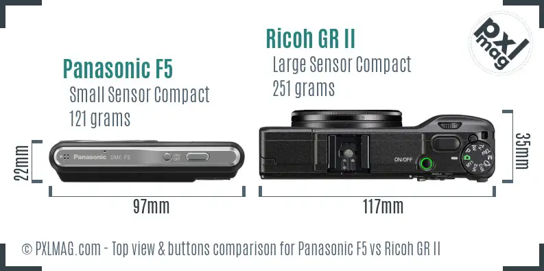 Panasonic F5 vs Ricoh GR II top view buttons comparison Panasonic F5 vs Ricoh GR II top view buttons comparison