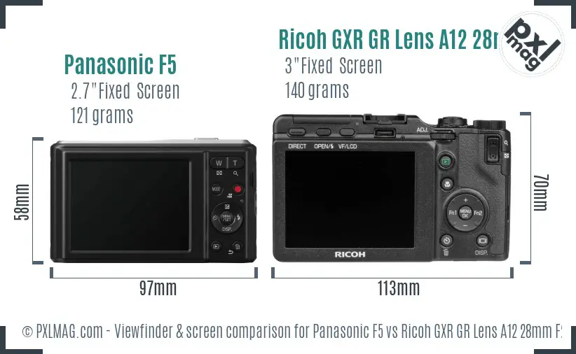 Panasonic F5 vs Ricoh GXR GR Lens A12 28mm F2.5 Screen and Viewfinder comparison