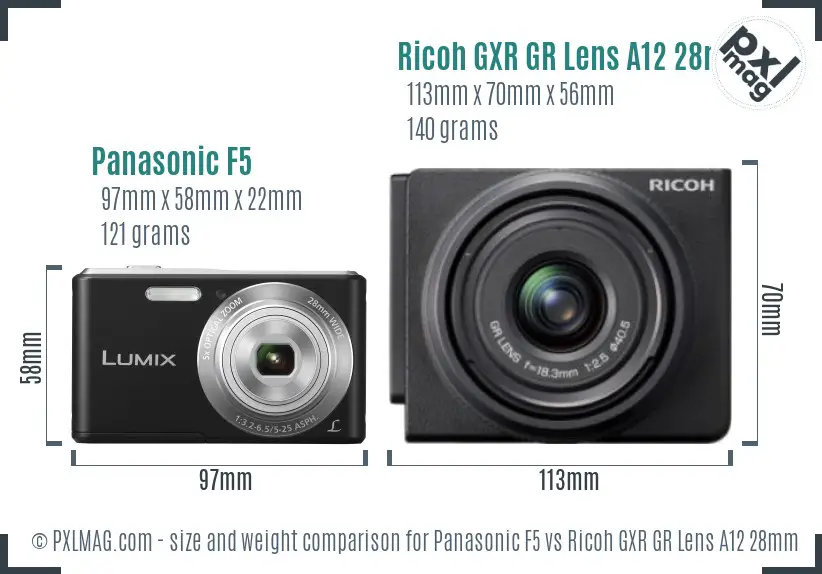 Panasonic F5 vs Ricoh GXR GR Lens A12 28mm F2.5 size comparison