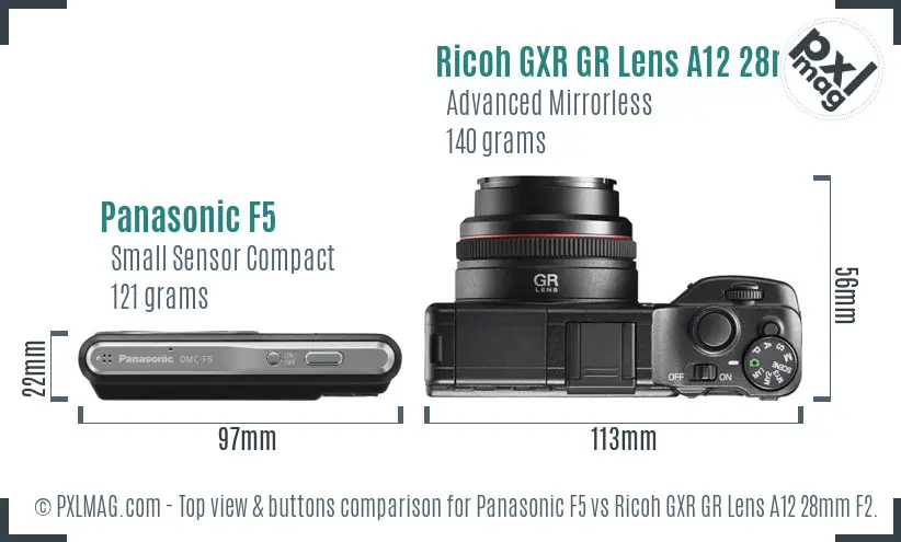 Panasonic F5 vs Ricoh GXR GR Lens A12 28mm F2.5 top view buttons comparison