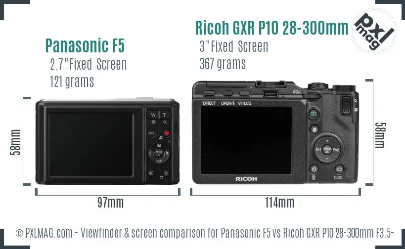 Panasonic F5 vs Ricoh GXR P10 28-300mm F3.5-5.6 VC Screen and Viewfinder comparison Panasonic F5 vs Ricoh GXR P10 28-300mm F3.5-5.6 VC Screen and Viewfinder comparison