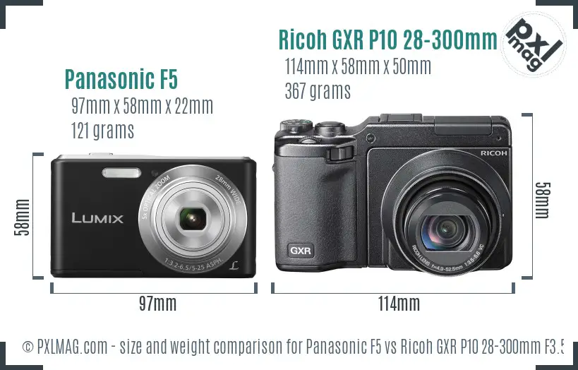 Panasonic F5 vs Ricoh GXR P10 28-300mm F3.5-5.6 VC size comparison Panasonic F5 vs Ricoh GXR P10 28-300mm F3.5-5.6 VC size comparison