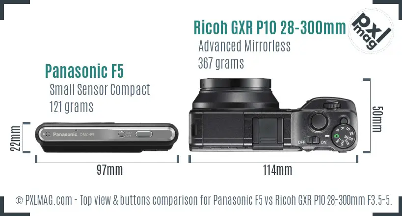Panasonic F5 vs Ricoh GXR P10 28-300mm F3.5-5.6 VC top view buttons comparison Panasonic F5 vs Ricoh GXR P10 28-300mm F3.5-5.6 VC top view buttons comparison