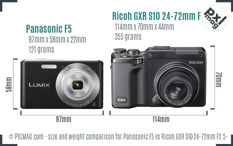 Panasonic F5 vs Ricoh GXR S10 24-72mm F2.5-4.4 VC size comparison