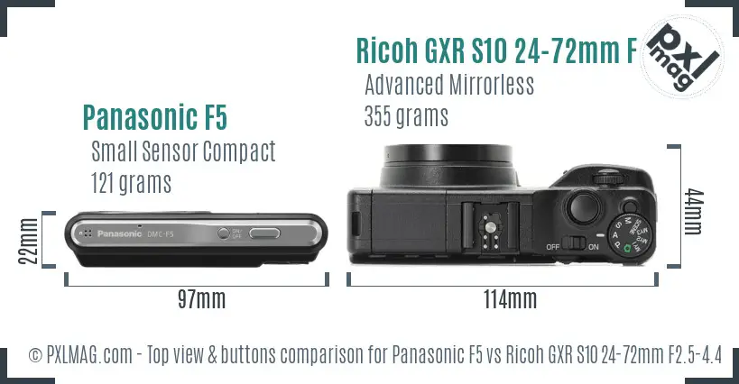 Panasonic F5 vs Ricoh GXR S10 24-72mm F2.5-4.4 VC top view buttons comparison