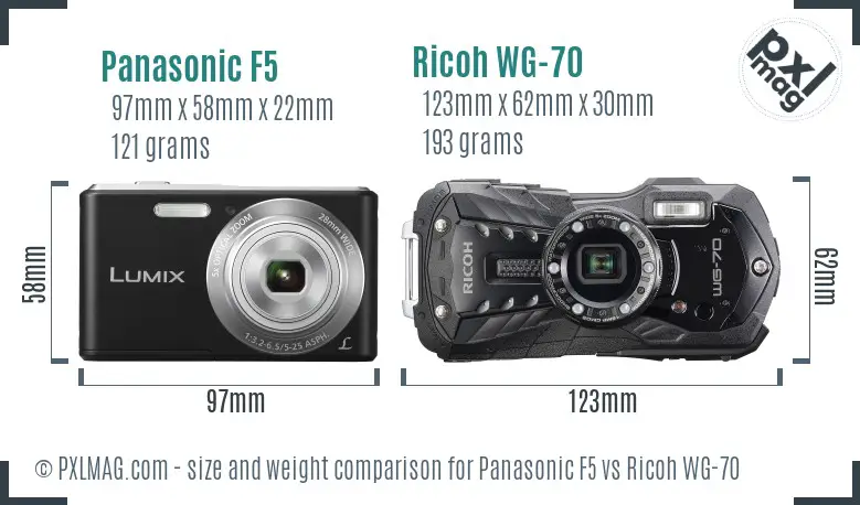 Panasonic F5 vs Ricoh WG-70 size comparison Panasonic F5 vs Ricoh WG-70 size comparison