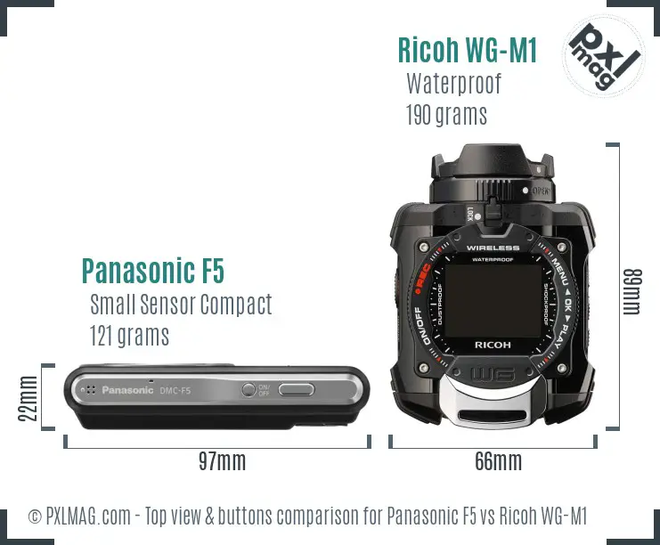 Panasonic F5 vs Ricoh WG-M1 top view buttons comparison