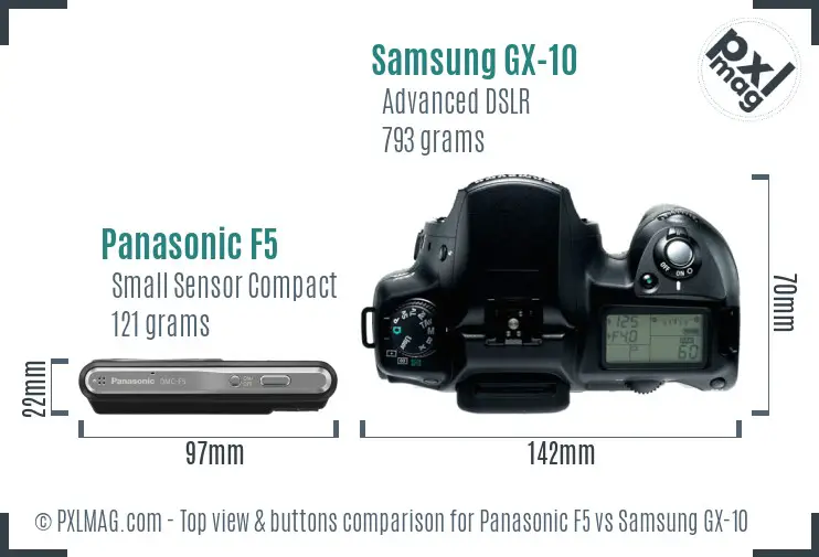 Panasonic F5 vs Samsung GX-10 top view buttons comparison