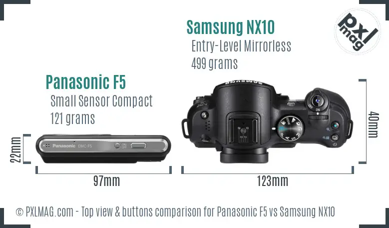 Panasonic F5 vs Samsung NX10 top view buttons comparison Panasonic F5 vs Samsung NX10 top view buttons comparison