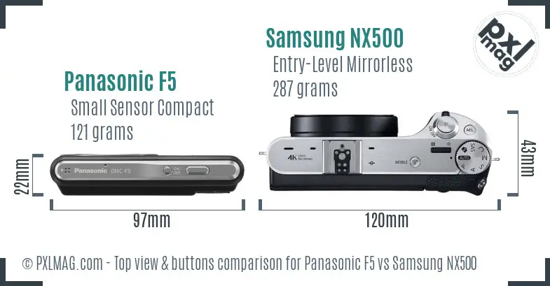 Panasonic F5 vs Samsung NX500 top view buttons comparison Panasonic F5 vs Samsung NX500 top view buttons comparison