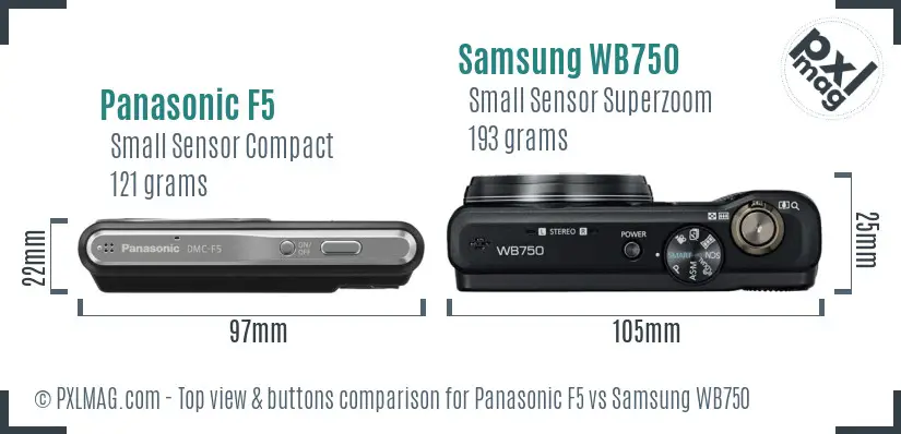 Panasonic F5 vs Samsung WB750 top view buttons comparison Panasonic F5 vs Samsung WB750 top view buttons comparison