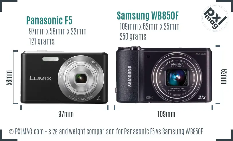 Panasonic F5 vs Samsung WB850F size comparison