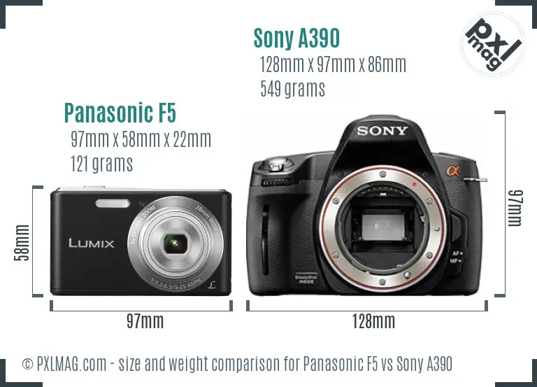 Panasonic F5 vs Sony A390 size comparison