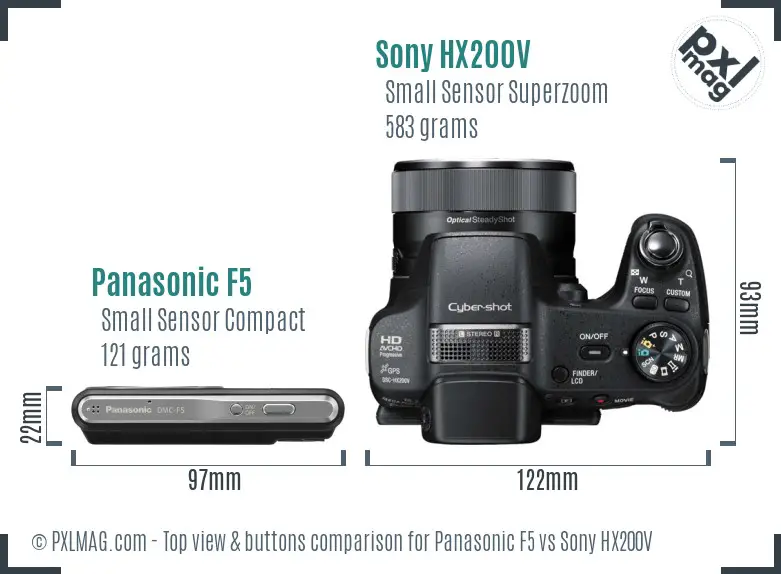Panasonic F5 vs Sony HX200V top view buttons comparison