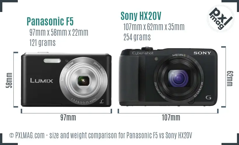 Panasonic F5 vs Sony HX20V size comparison