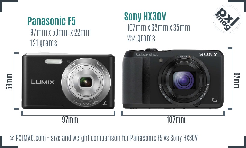 Panasonic F5 vs Sony HX30V size comparison