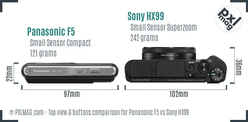 Panasonic F5 vs Sony HX99 top view buttons comparison Panasonic F5 vs Sony HX99 top view buttons comparison