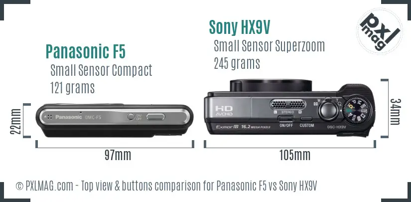 Panasonic F5 vs Sony HX9V top view buttons comparison