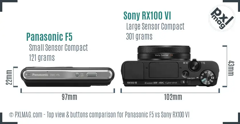 Panasonic F5 vs Sony RX100 VI top view buttons comparison Panasonic F5 vs Sony RX100 VI top view buttons comparison