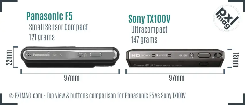 Panasonic F5 vs Sony TX100V top view buttons comparison