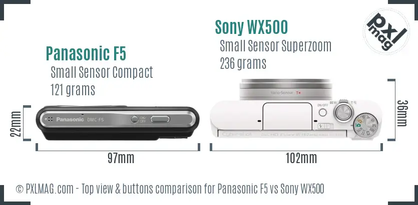 Panasonic F5 vs Sony WX500 top view buttons comparison