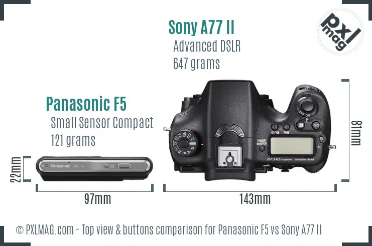 Panasonic F5 vs Sony A77 II top view buttons comparison