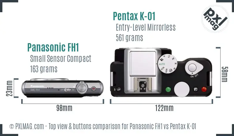Panasonic FH1 vs Pentax K-01 top view buttons comparison