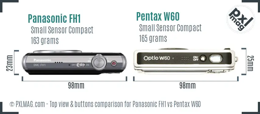 Panasonic FH1 vs Pentax W60 top view buttons comparison