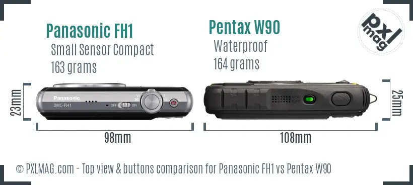 Panasonic FH1 vs Pentax W90 top view buttons comparison