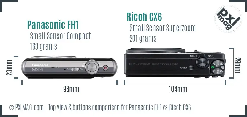 Panasonic FH1 vs Ricoh CX6 top view buttons comparison