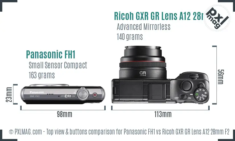 Panasonic FH1 vs Ricoh GXR GR Lens A12 28mm F2.5 top view buttons comparison