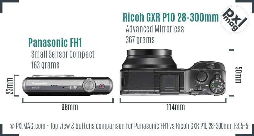 Panasonic FH1 vs Ricoh GXR P10 28-300mm F3.5-5.6 VC top view buttons comparison Panasonic FH1 vs Ricoh GXR P10 28-300mm F3.5-5.6 VC top view buttons comparison