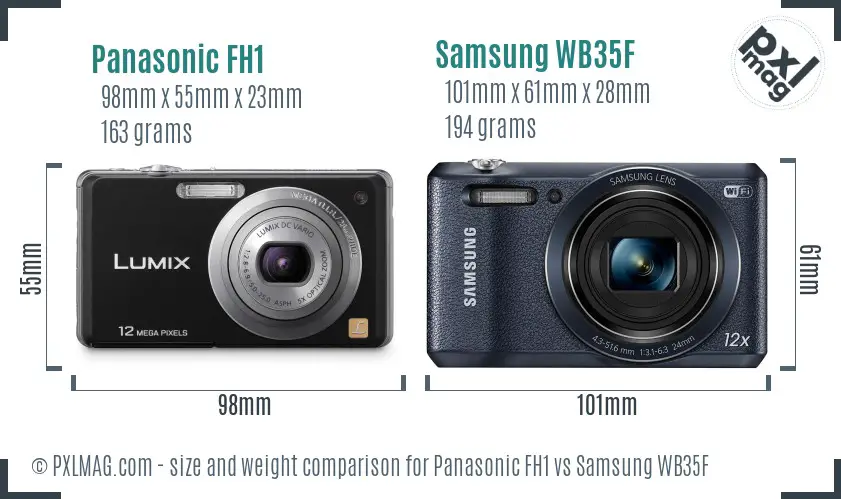 Side by side size comparison showing Panasonic FH1 vs Samsung WB35F compact form factors