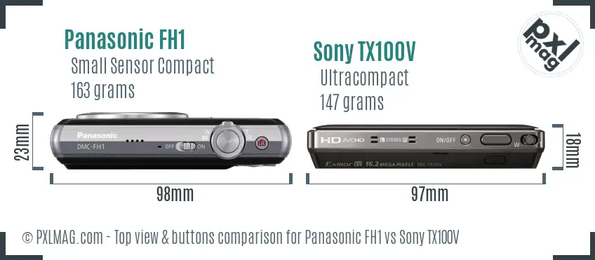 Panasonic FH1 vs Sony TX100V top view buttons comparison Panasonic FH1 vs Sony TX100V top view buttons comparison