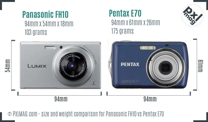 Panasonic FH10 vs Pentax E70 size comparison