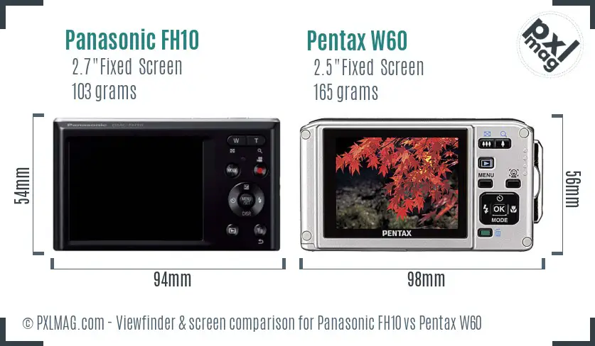 Panasonic FH10 vs Pentax W60 Screen and Viewfinder comparison