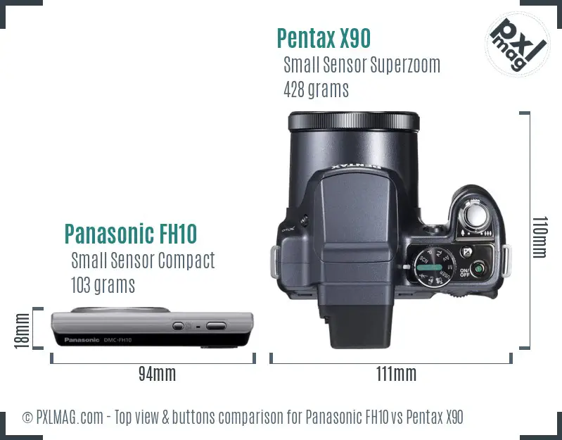 Panasonic FH10 vs Pentax X90 top view buttons comparison Panasonic FH10 vs Pentax X90 top view buttons comparison