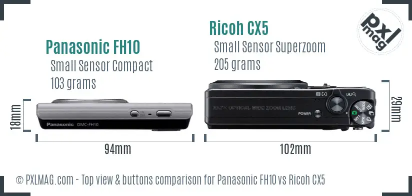 Panasonic FH10 vs Ricoh CX5 top view buttons comparison