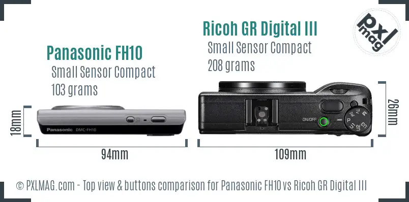 Panasonic FH10 vs Ricoh GR Digital III top view buttons comparison Panasonic FH10 vs Ricoh GR Digital III top view buttons comparison