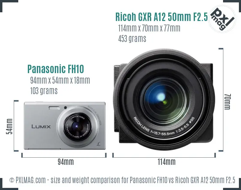 Panasonic FH10 vs Ricoh GXR A12 50mm F2.5 Macro size comparison