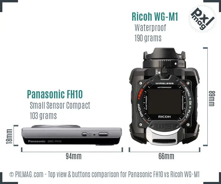 Panasonic FH10 vs Ricoh WG-M1 top view buttons comparison