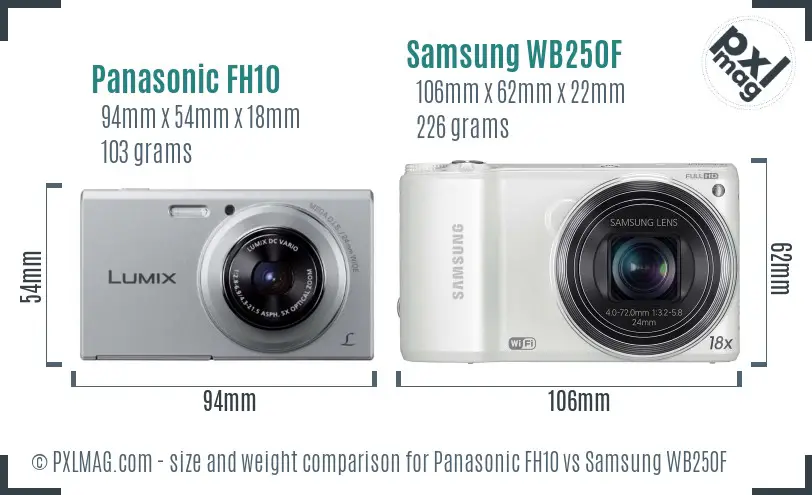 Panasonic FH10 vs Samsung WB250F size comparison