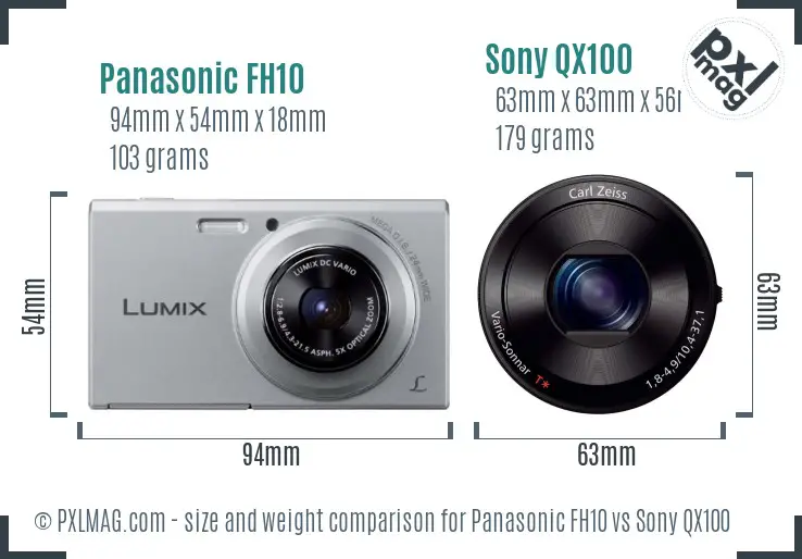 Panasonic FH10 vs Sony QX100 size comparison